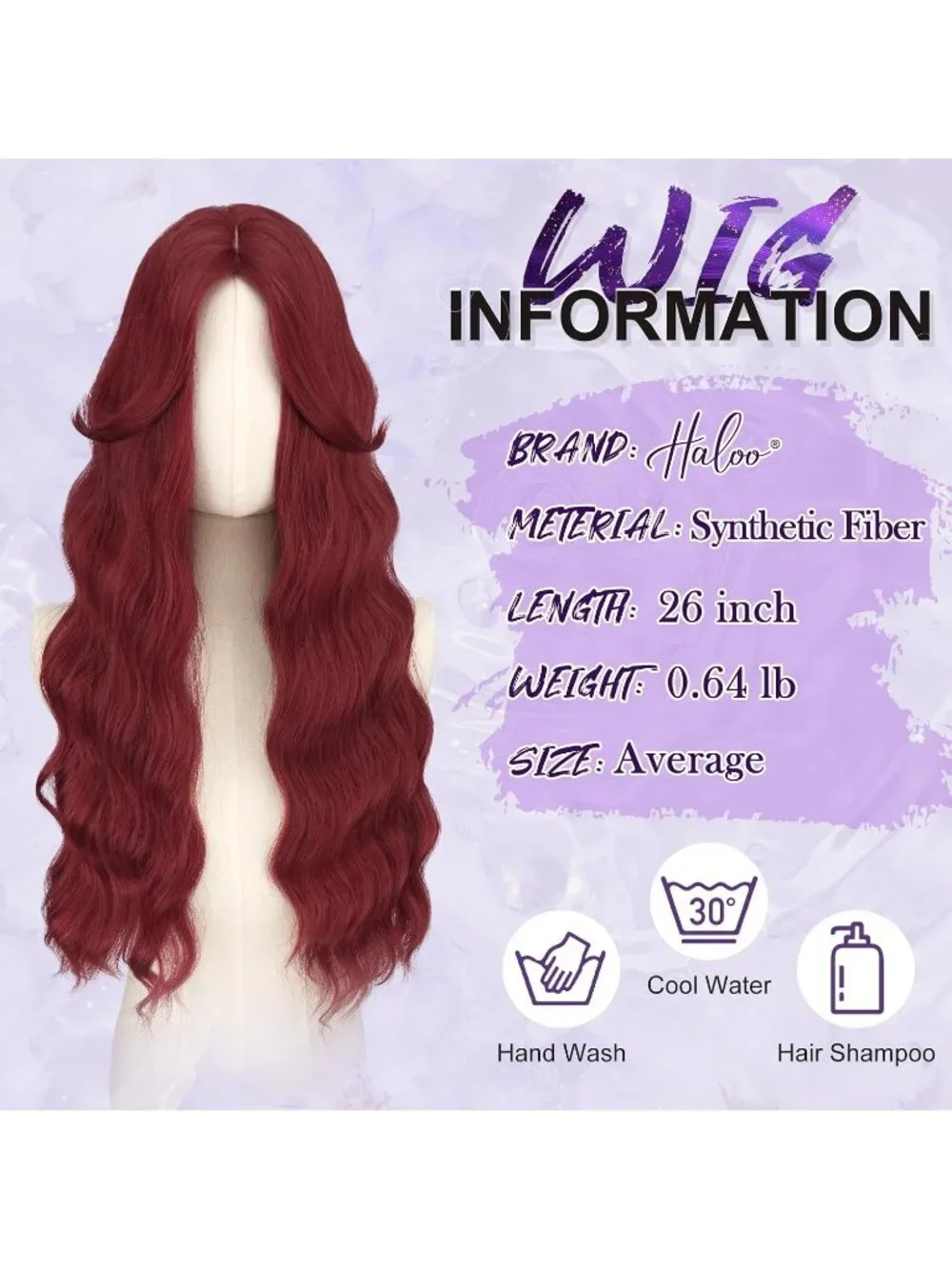 Women's Red 26 Inch Heat Resistant Curtain Bangs Long Wavy Wigs